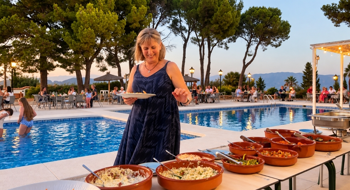 Invitada sirviéndose del buffet en una fiesta privada junto a la piscina de Pool Bar