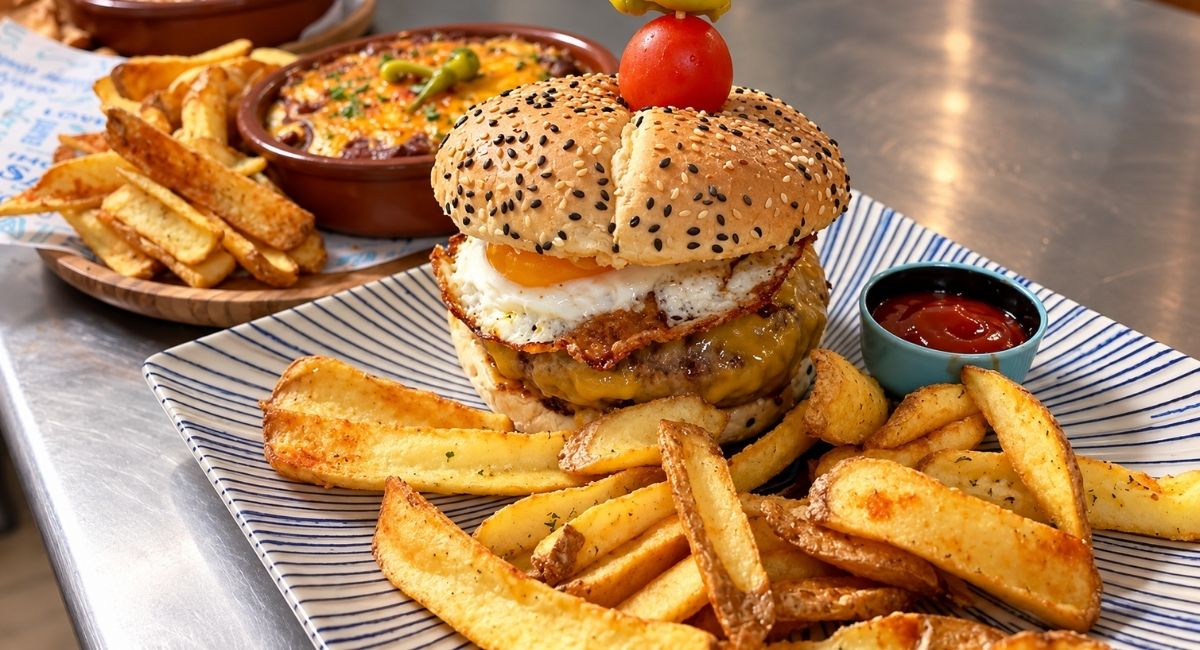 Hamburguesa casera con patatas fritas, Pool Bar restaurante en Benidoleig, Marina Alta