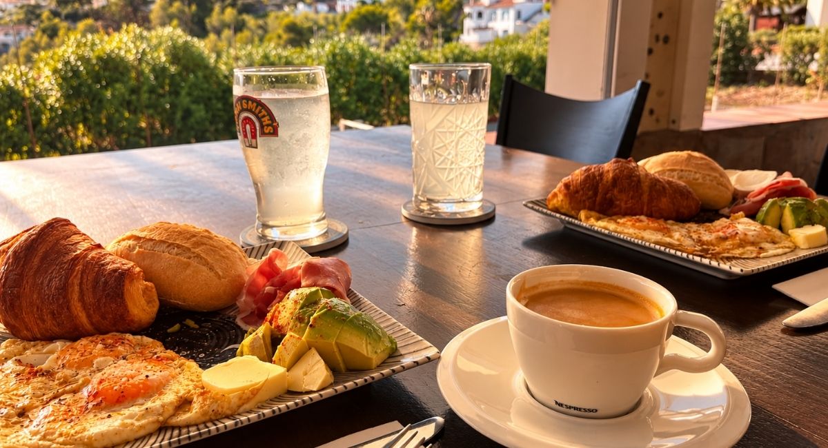 Desayuno con café y zumo natural en la terraza soleada, Pool Bar restaurante en Benidoleig, Marina Alta