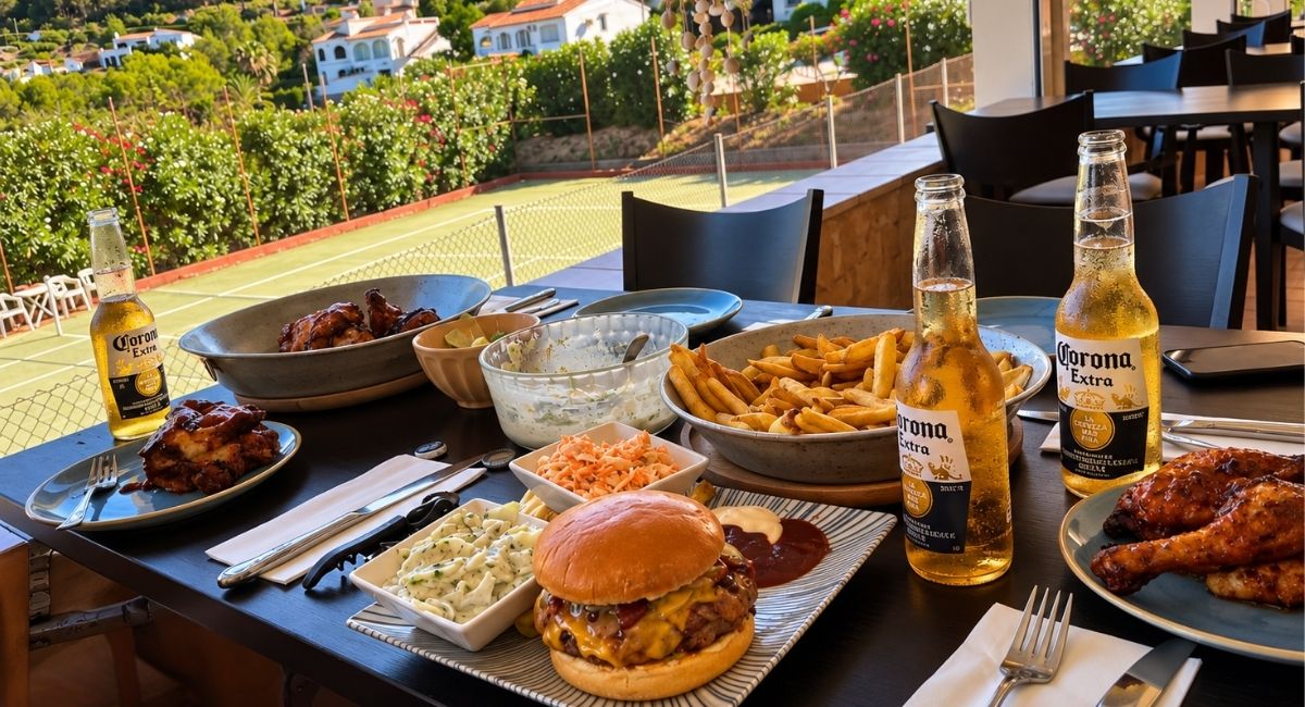 Comida y bebidas servidas en la terraza con vistas, Pool Bar restaurante en Benidoleig, Marina Alta