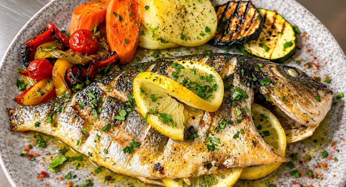 Pescado fresco con verduras y limón, Pool Bar restaurante en Benidoleig, Marina Alta