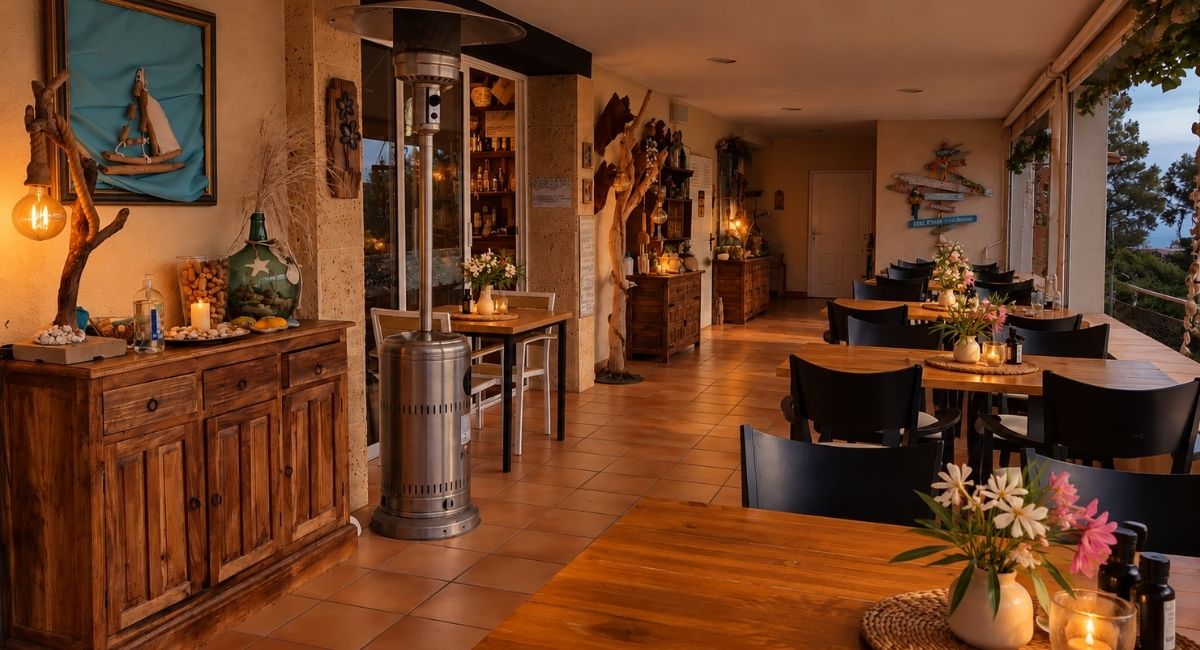 Barra de madera y mesas en el interior del restaurante, Pool Bar restaurante en Benidoleig, Marina Alta