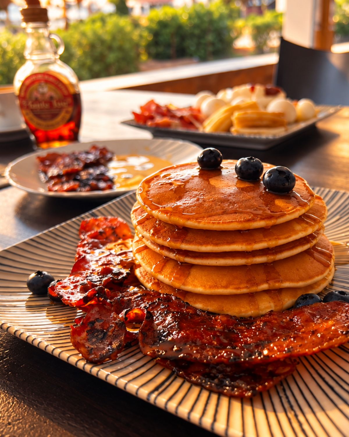 Tortitas con fruta fresca en el desayuno de la terraza, Pool Bar restaurante en Benidoleig, Marina Alta