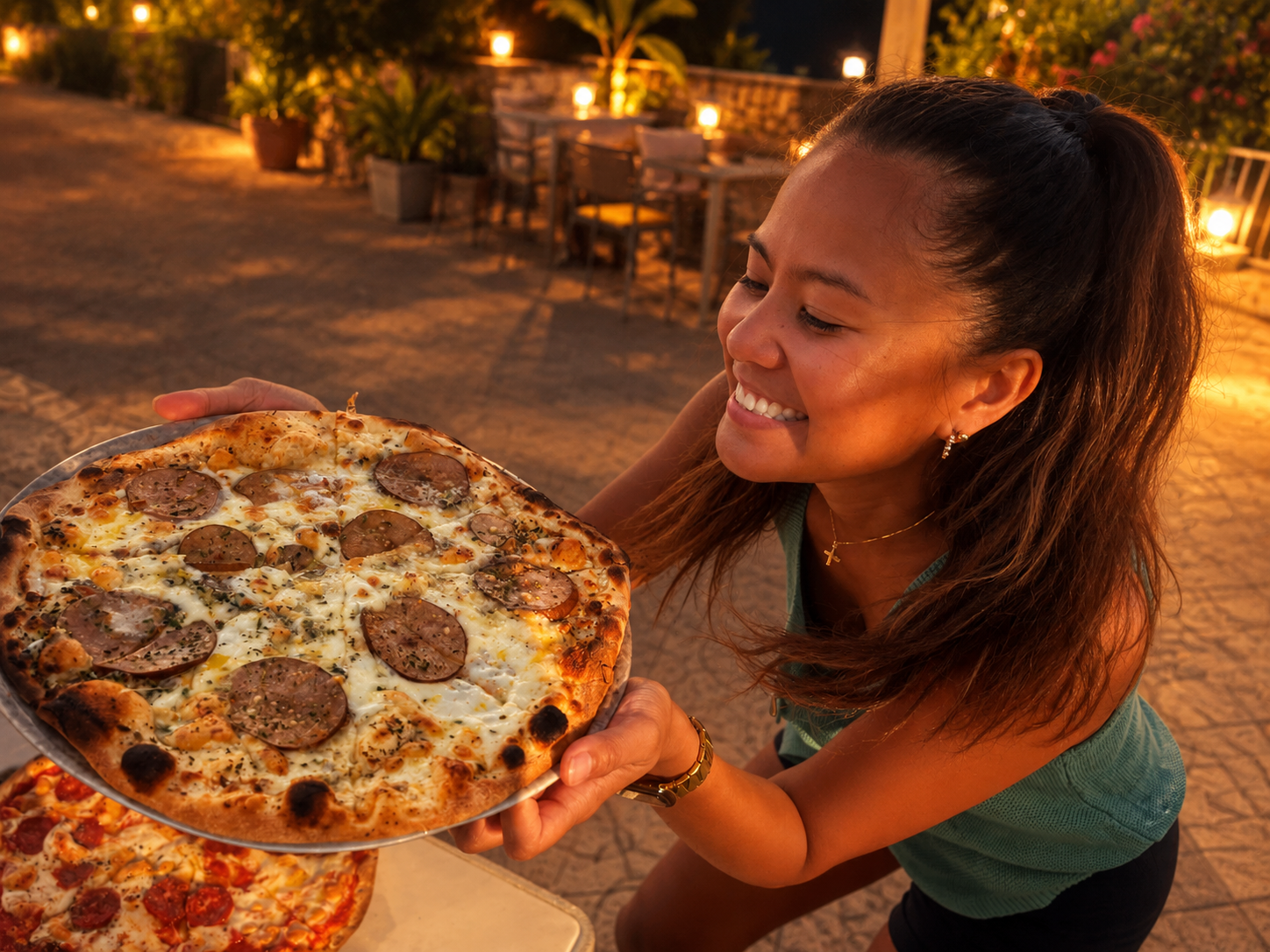 Clienta disfrutando de una pizza recién hecha en Pizza Nights de Pool Bar