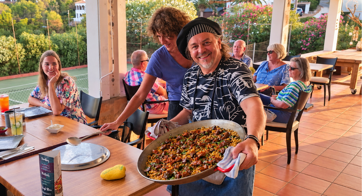 Paella servida en la terraza del restaurante Pool Bar