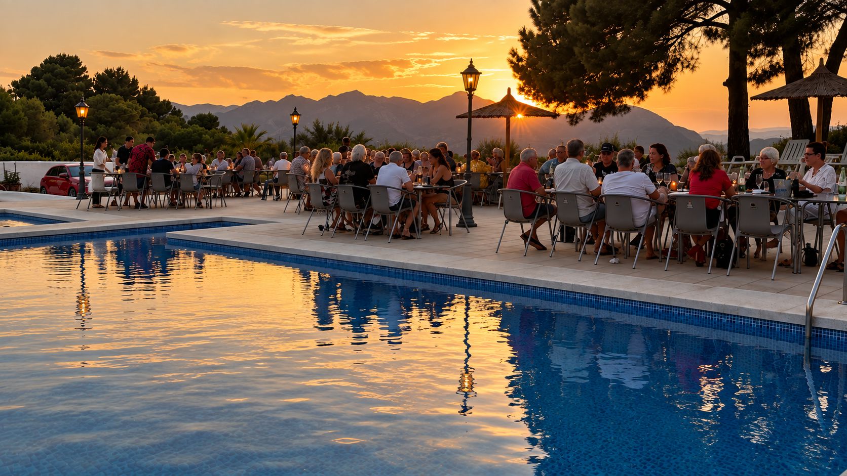 Terraza de Pool Bar junto a la piscina al atardecer, con mesas llenas de gente y las montañas al fondo
